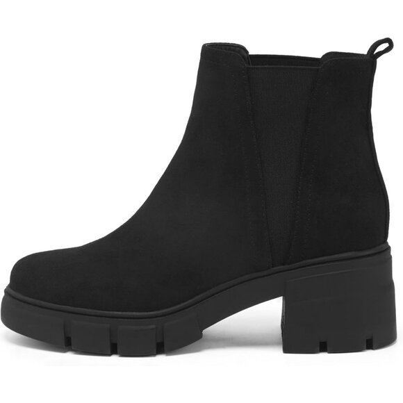 Redtop Women's Black Faux Suede Elastic Chunky Block Heel Lug Sole Ankle Boot - Picture 2 of 7